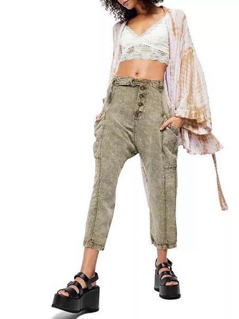 Free People Olive Washed Utility Cargo High Rise Ankle Pants Size 2